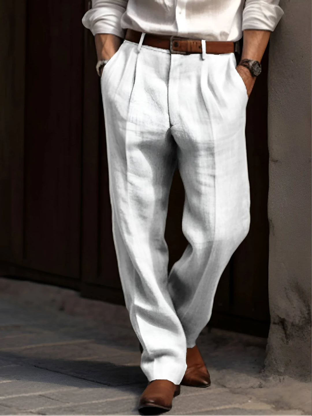 White Classic Pleated Linen Pants For Men - Front Standing