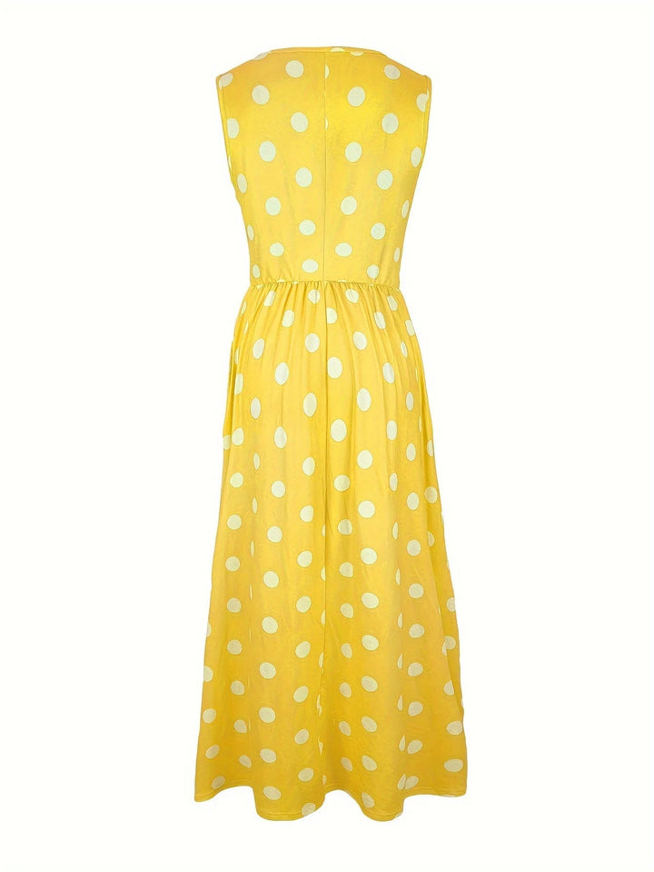 Yellow Women's Polka Sleeveless Yellow Dress — Gigi Classic A-Line Midi - Back Detail