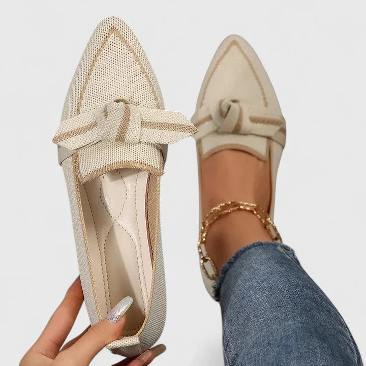 Cream Comfortable Orthopedic Loafers with Bow Detail - Model Walking