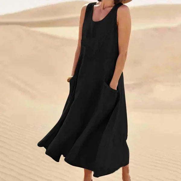 Black Women's Comfortable Sleeveless Maxi Dress — Bianca Scoop Neck Casual - Classic Look