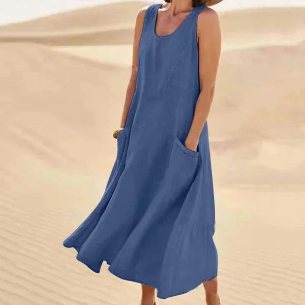 Blue Women's Comfortable Sleeveless Maxi Dress — Bianca Scoop Neck Casual - Relaxed Style