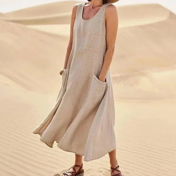 Brown Women's Comfortable Sleeveless Maxi Dress — Bianca Scoop Neck Casual - Natural Pose