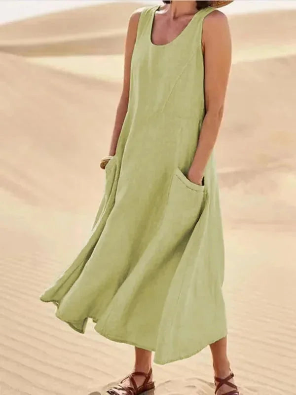 Gemse Women's Comfortable Sleeveless Maxi Dress — Bianca Scoop Neck Casual - Hand In Pocket