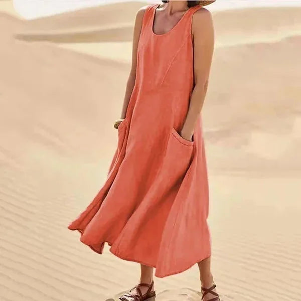 Orange Women's Comfortable Sleeveless Maxi Dress — Bianca Scoop Neck Casual - Outdoor Pose