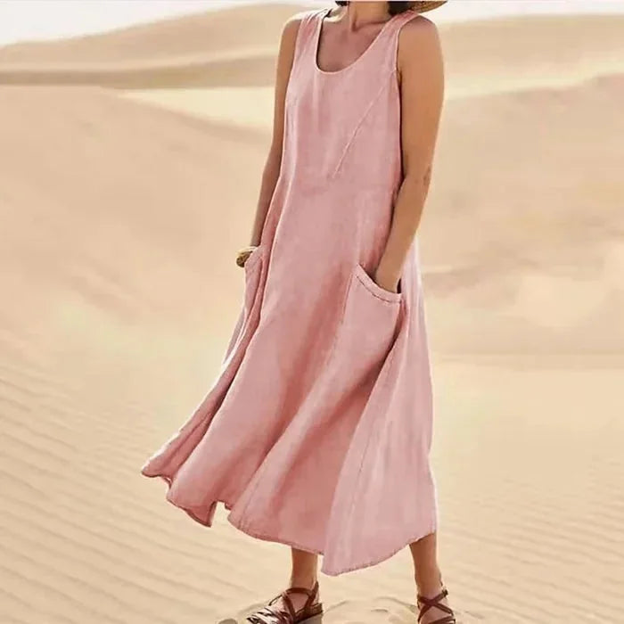 Pink Women's Comfortable Sleeveless Maxi Dress — Bianca Scoop Neck Casual - Model Walking