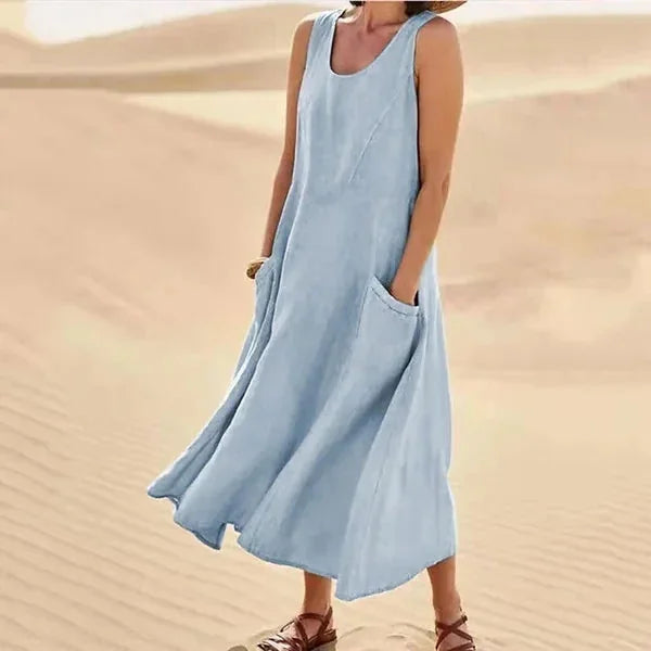 Sky Blue Women's Comfortable Sleeveless Maxi Dress — Bianca Scoop Neck Casual - Side Pose