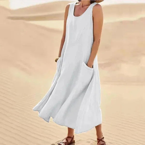 White Women's Comfortable Sleeveless Maxi Dress — Bianca Scoop Neck Casual - Studio