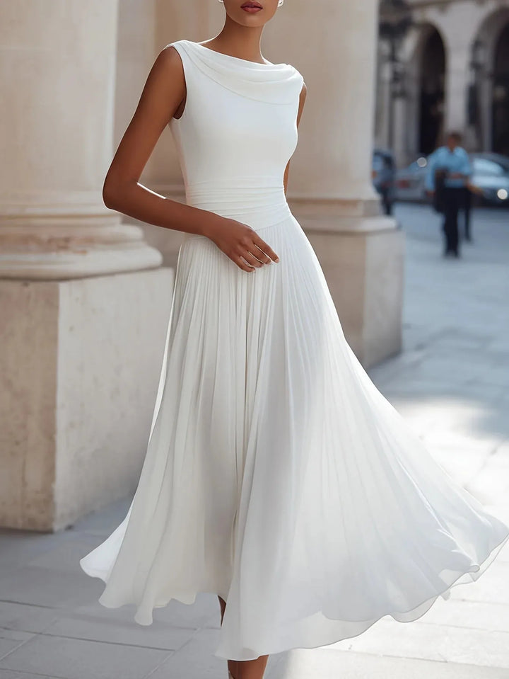 Roxanna | Elegant Cowl Neck Sleeveless White Midi Dress