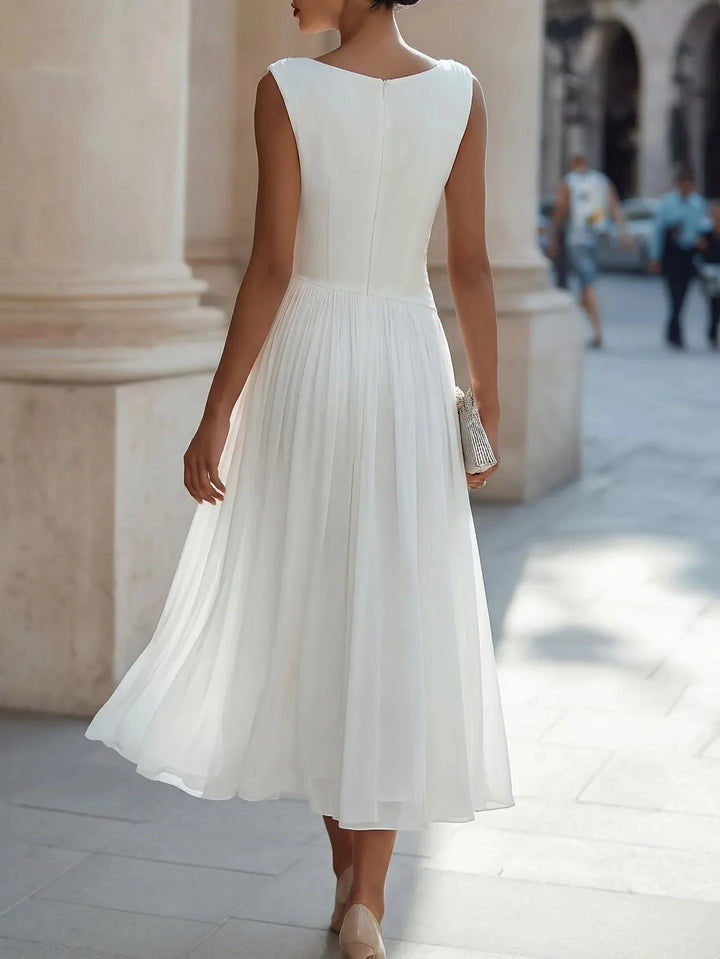 Roxanna | Elegant Cowl Neck Sleeveless White Midi Dress