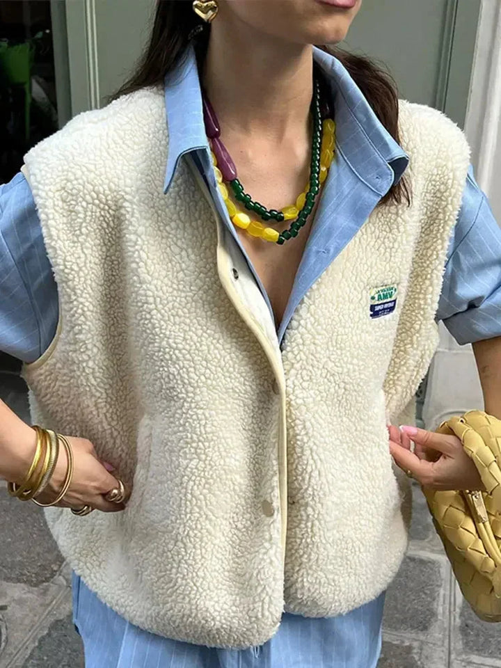 Cream Women's Knitted Vest With Cozy Sherpa Texture - Front Styled