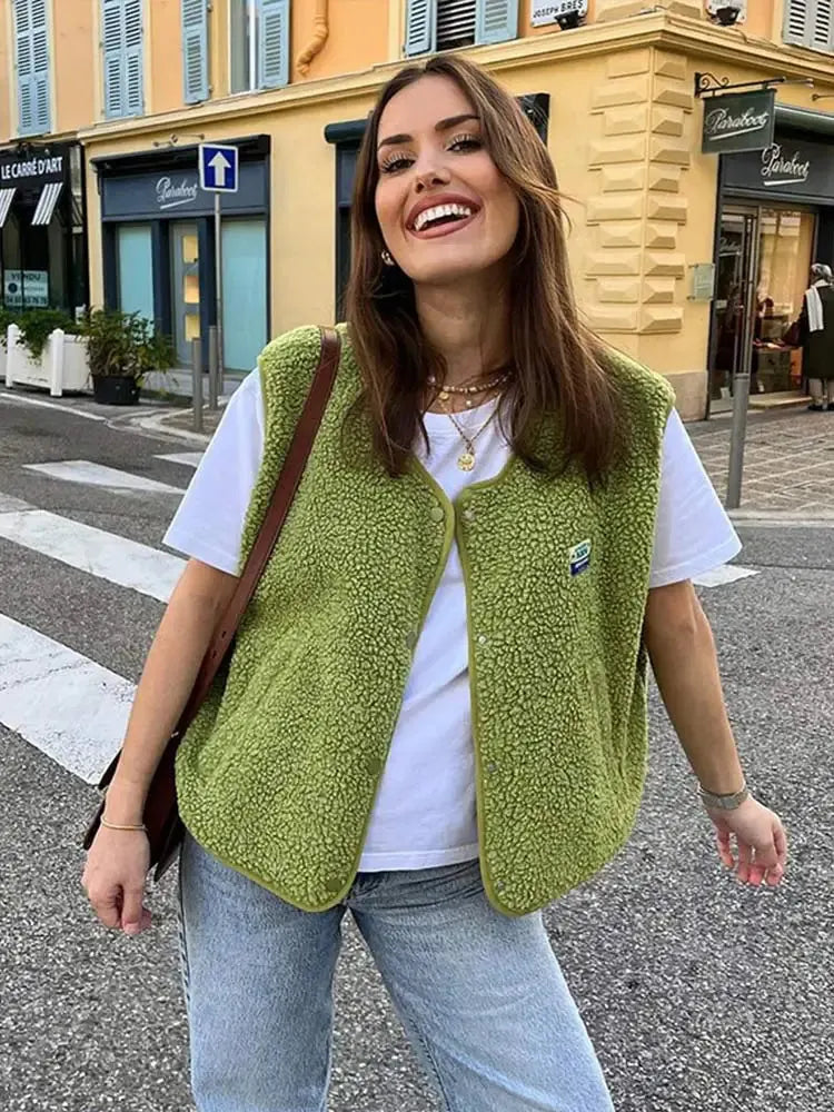 Green Women's Knitted Vest With Cozy Sherpa Texture - Close Up Detail