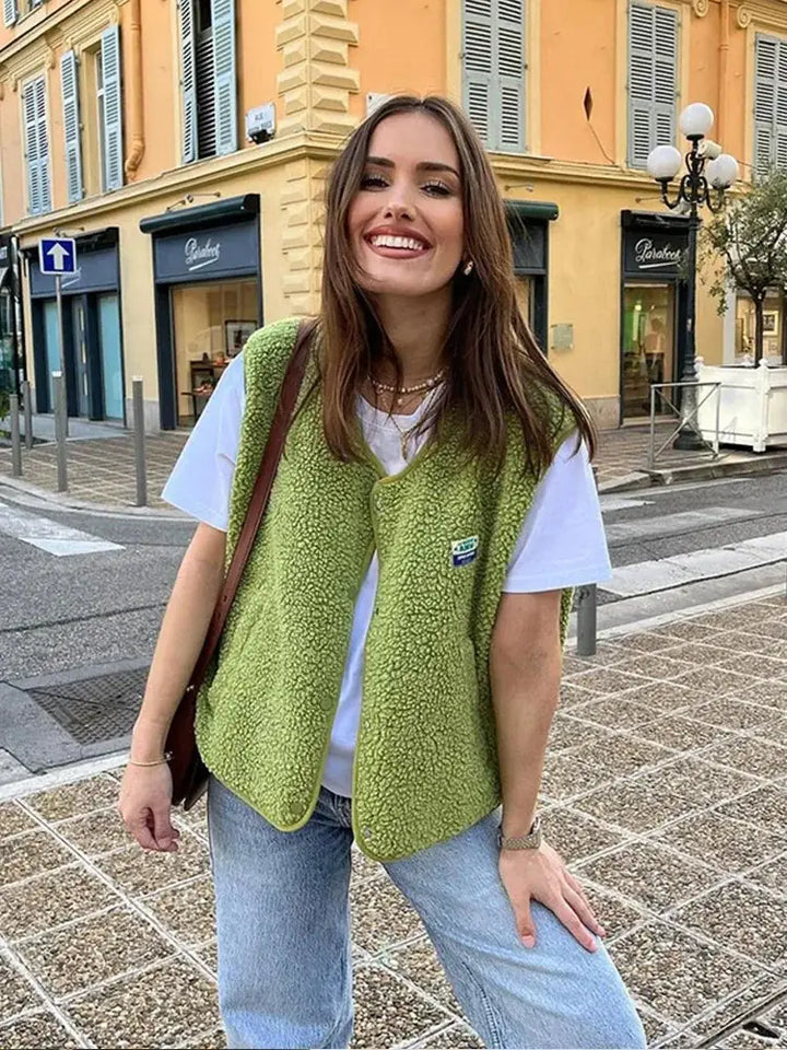 Green Women's Knitted Vest With Cozy Sherpa Texture - Front Full