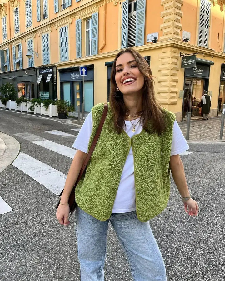 Green Women's Knitted Vest With Cozy Sherpa Texture - Front Pose