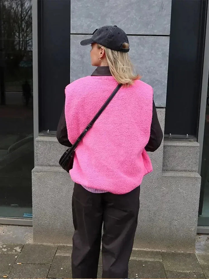Hot Pink Women's Knitted Vest With Cozy Sherpa Texture - Back Full