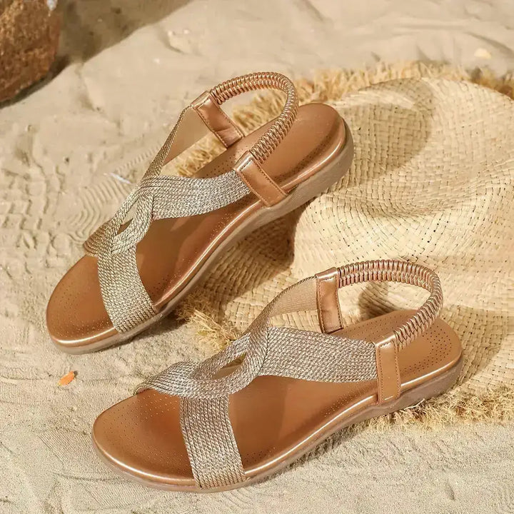 Gold Women's Cross-Strap Sandals — Stella Elastic Comfort Platform - Flat Lay