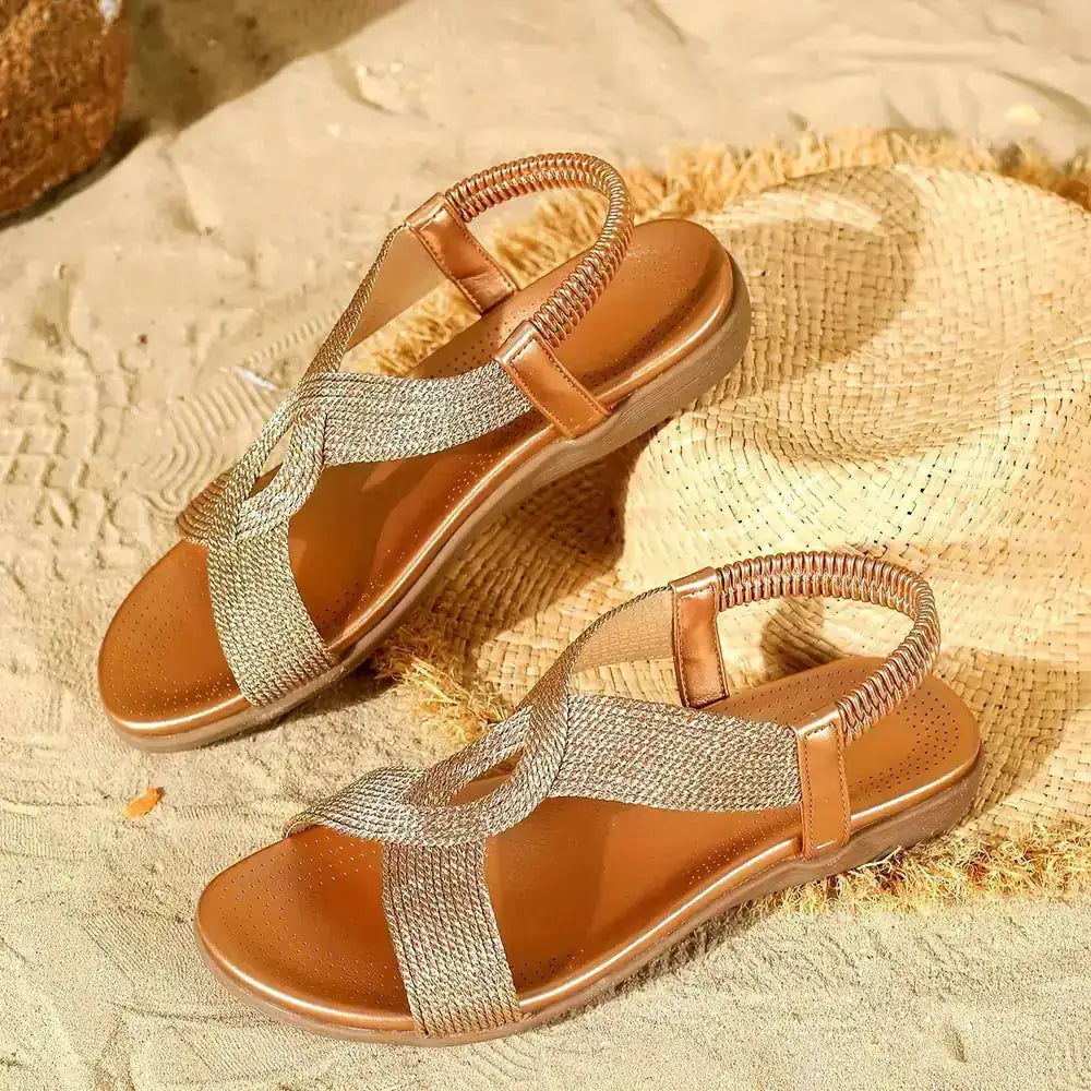 Gold Women's Cross-Strap Sandals — Stella Elastic Comfort Platform - Front Full
