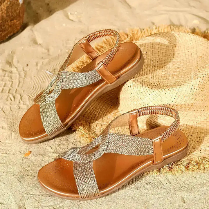 Gold Women's Cross-Strap Sandals — Stella Elastic Comfort Platform - Front Full