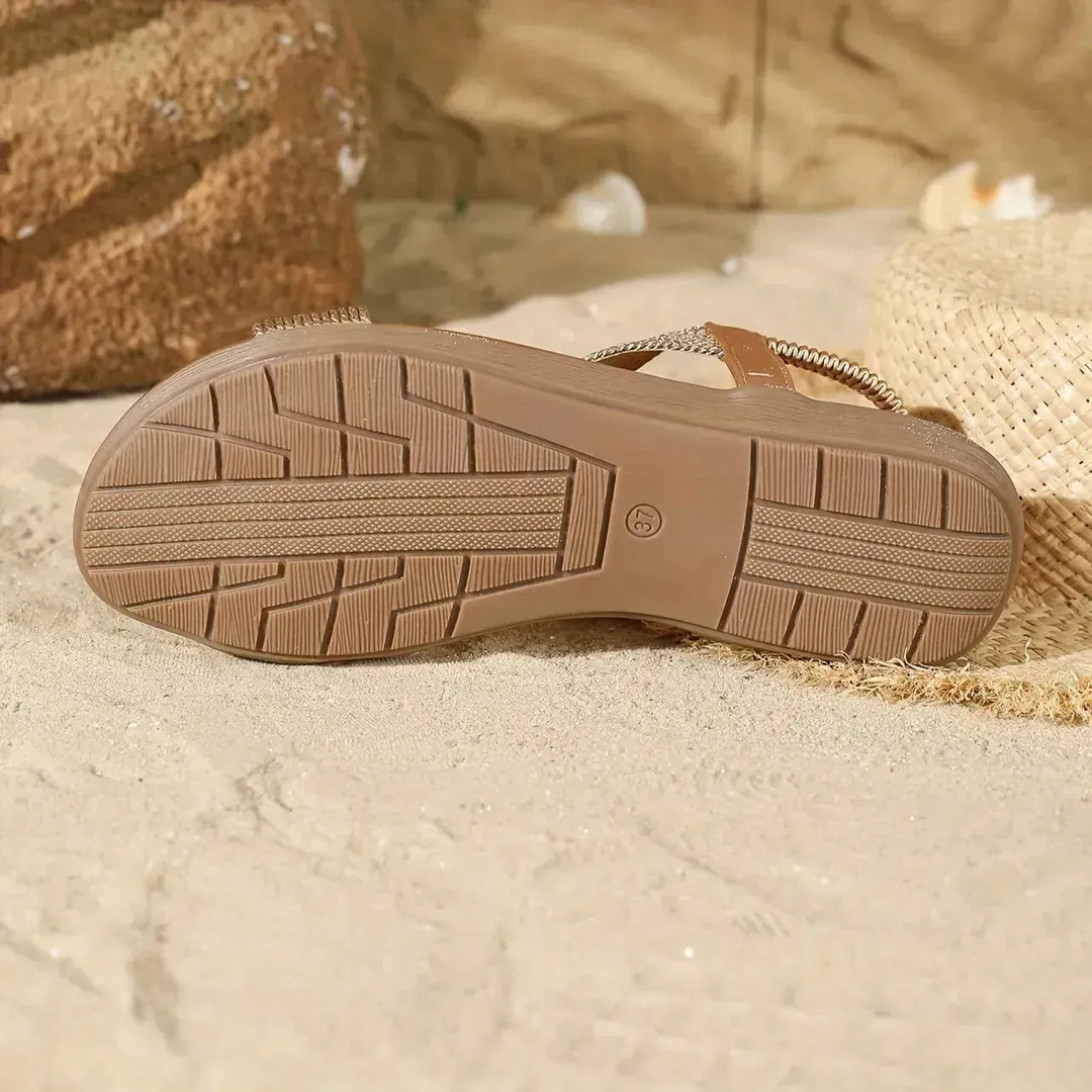 Gold Women's Cross-Strap Sandals — Stella Elastic Comfort Platform - Sole Detail