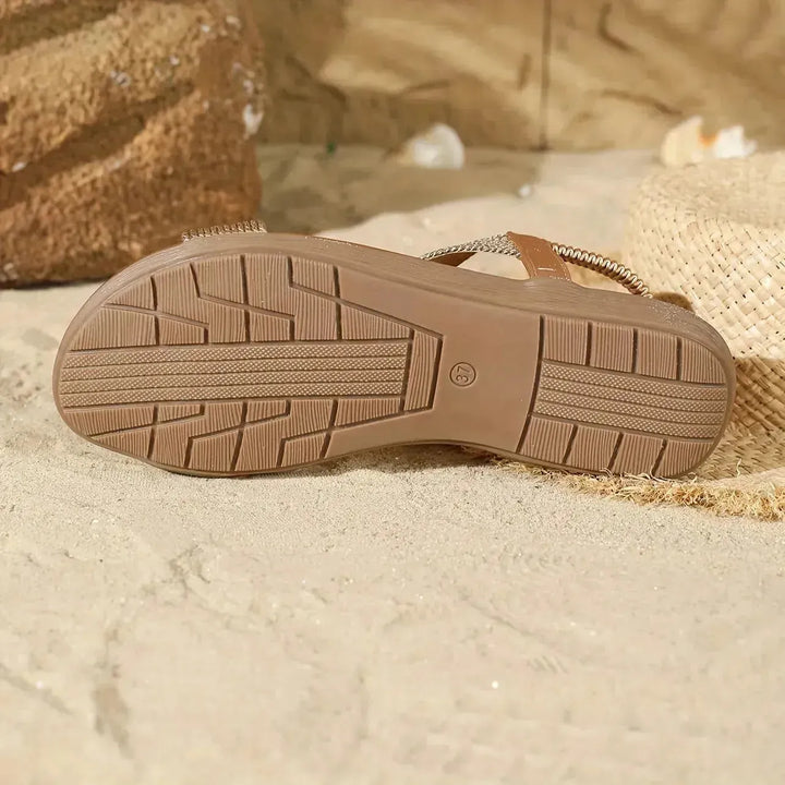 Gold Women's Cross-Strap Sandals — Stella Elastic Comfort Platform - Sole Detail