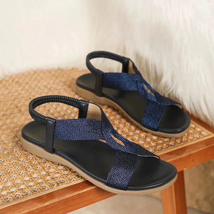 Navy Women's Cross-Strap Sandals — Stella Elastic Comfort Platform - Studio Pair