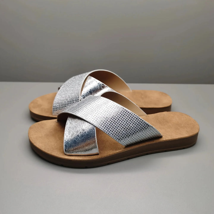 Silver Women's Cross Strap Sandals — Nellie Metallic Silver Platform - Side Profile