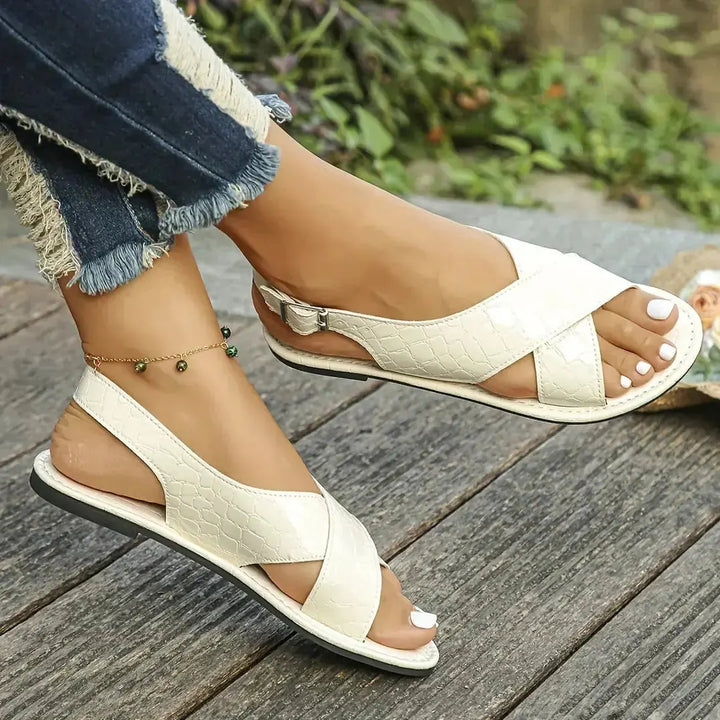 Beige Women's Cross-Strap Gold Sandals — Posy Textured Flat Comfort - Worn Lifestyle