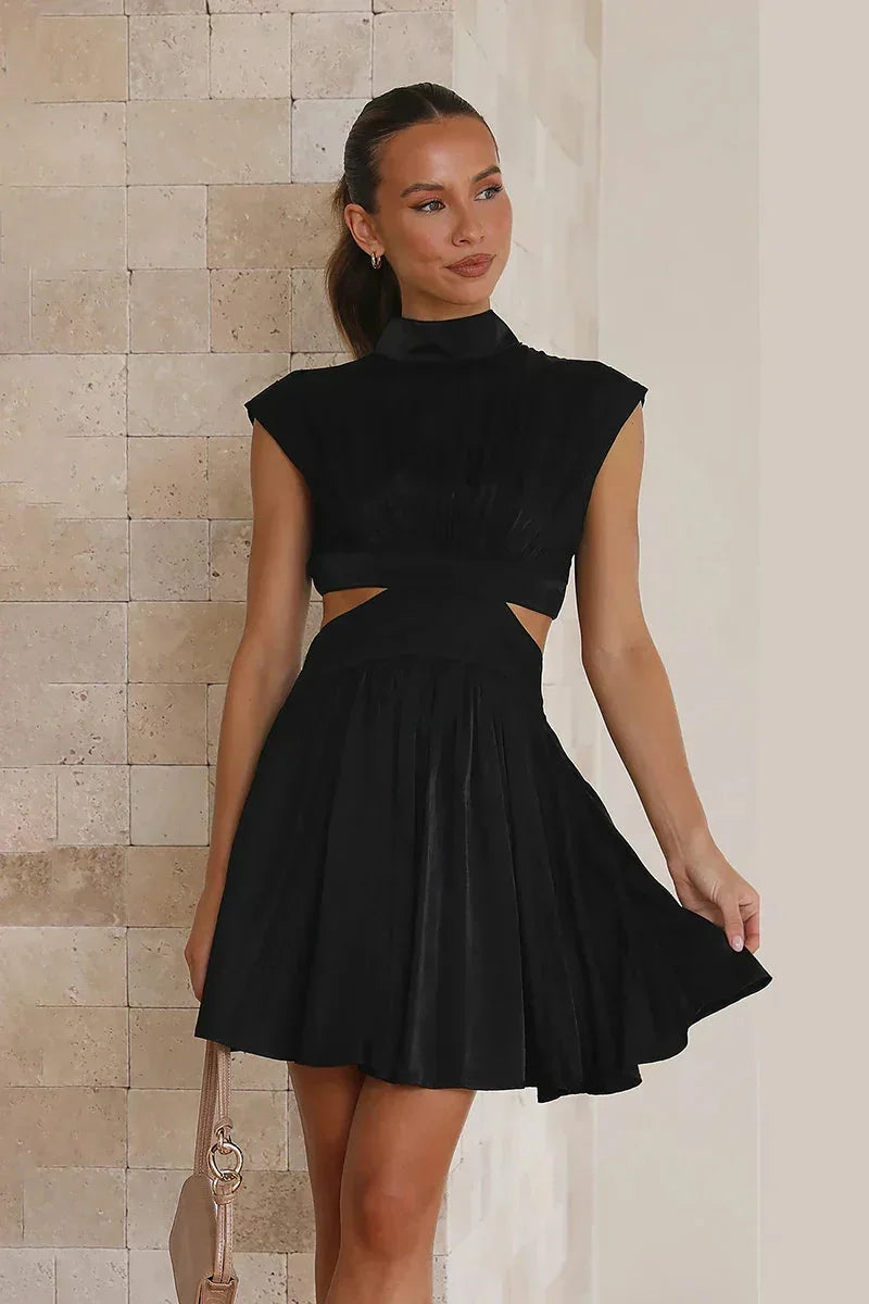 Black Women's Black Sleeveless Cut-Out Mini Dress — Octavia Mock Neck Pleated - Front Full