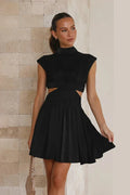 Women's Black Sleeveless Cut-Out Mini Dress — Octavia Mock Neck Pleated