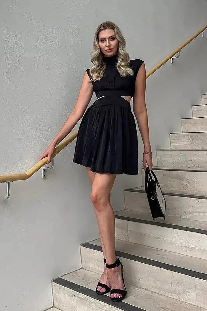 Black Women's Black Sleeveless Cut-Out Mini Dress — Octavia Mock Neck Pleated - Staircase Pose