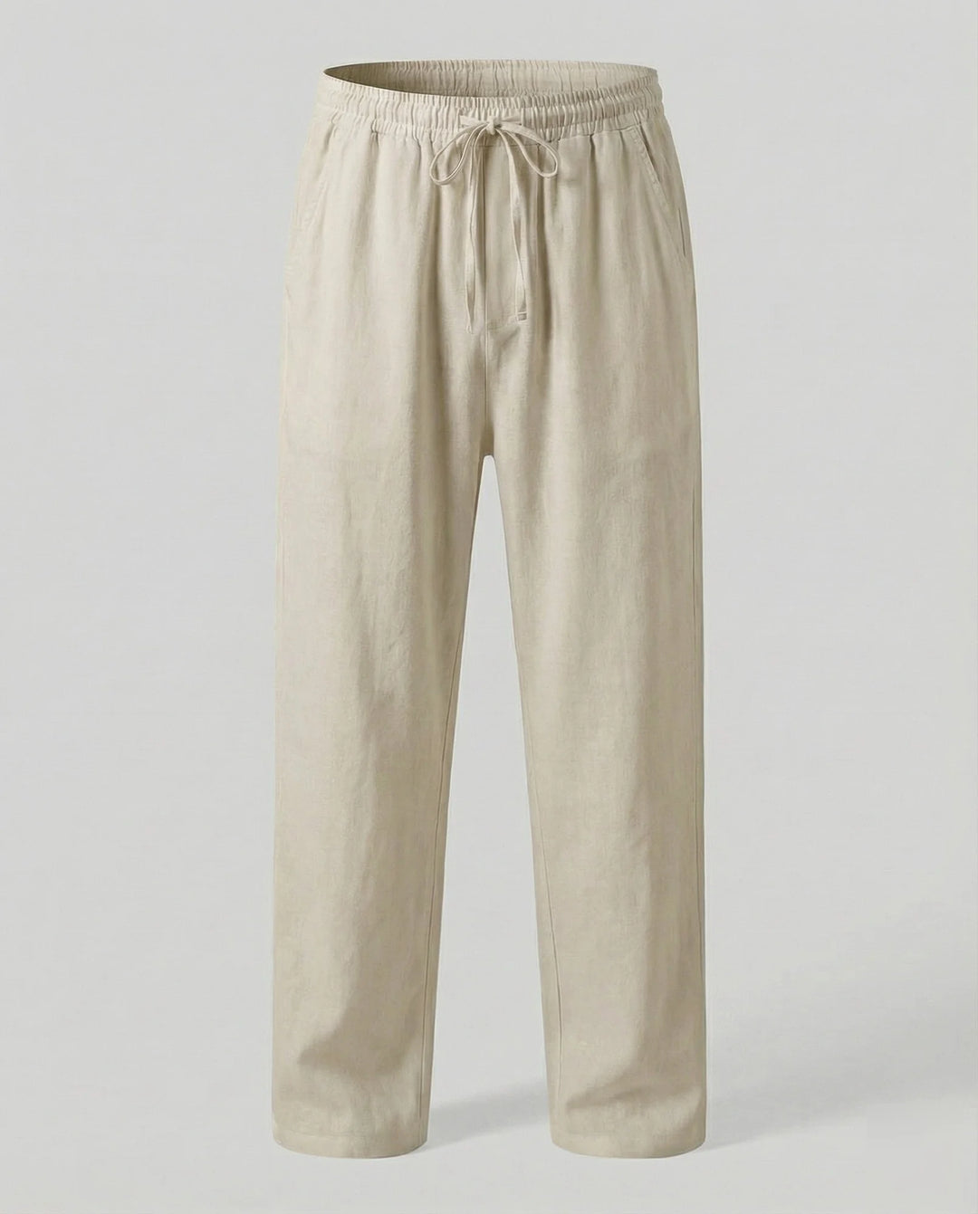 Beige Men's Linen Trousers with Drawstring Waist - Flat Lay Neutral