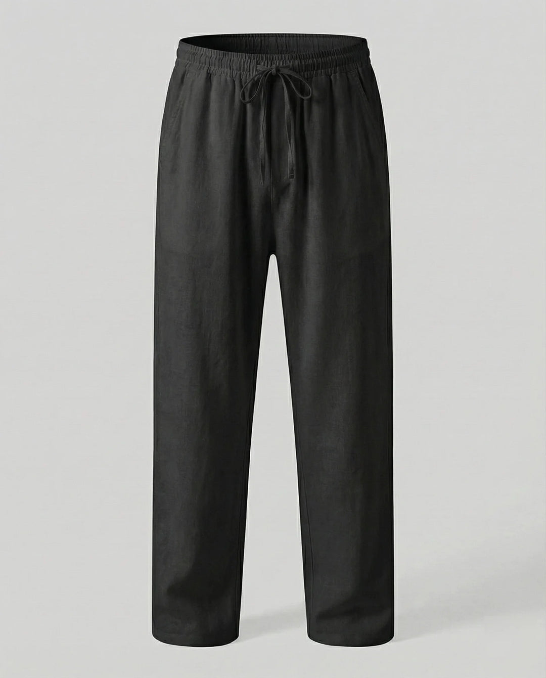 Black Men's Linen Trousers with Drawstring Waist - Flat Lay Dark