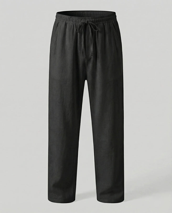 Black Men's Linen Trousers with Drawstring Waist - Flat Lay Dark