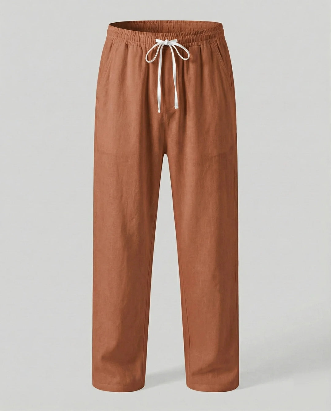 Brown Men's Linen Trousers with Drawstring Waist - Flat Lay