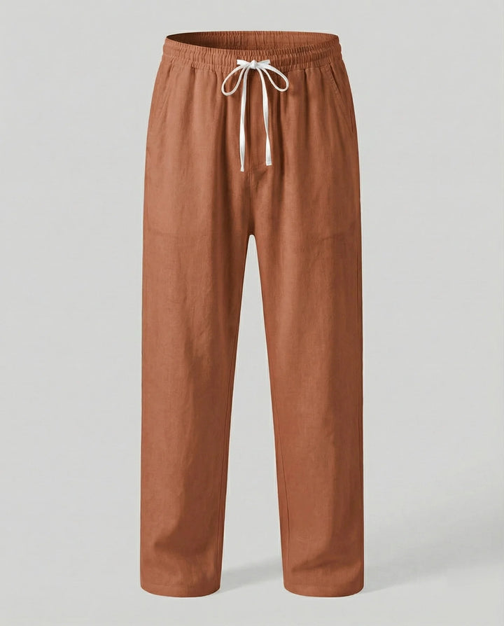 Brown Men's Linen Trousers with Drawstring Waist - Flat Lay