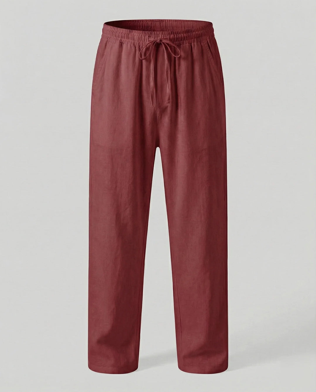 Burgundy Men's Linen Trousers with Drawstring Waist - Flat Lay