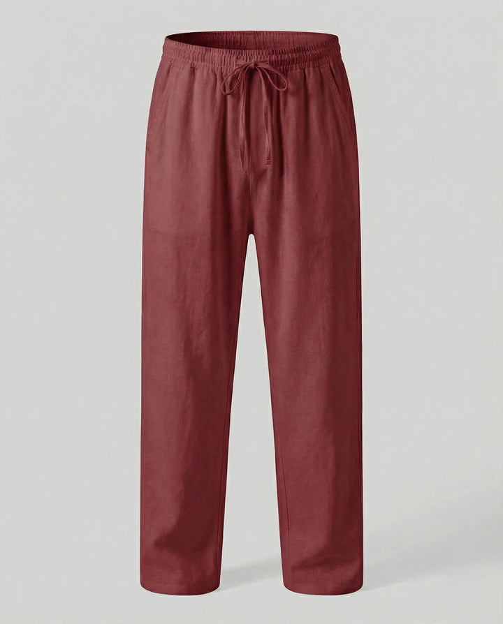Burgundy Men's Linen Trousers with Drawstring Waist - Flat Lay