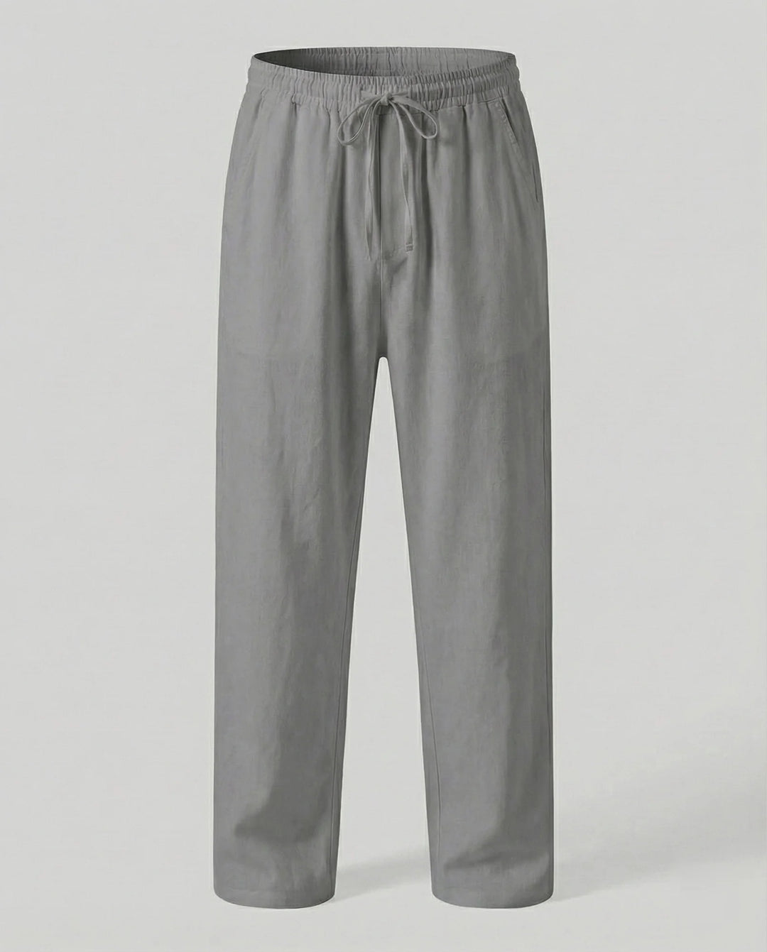 Gray Men's Linen Trousers with Drawstring Waist - Flat Lay