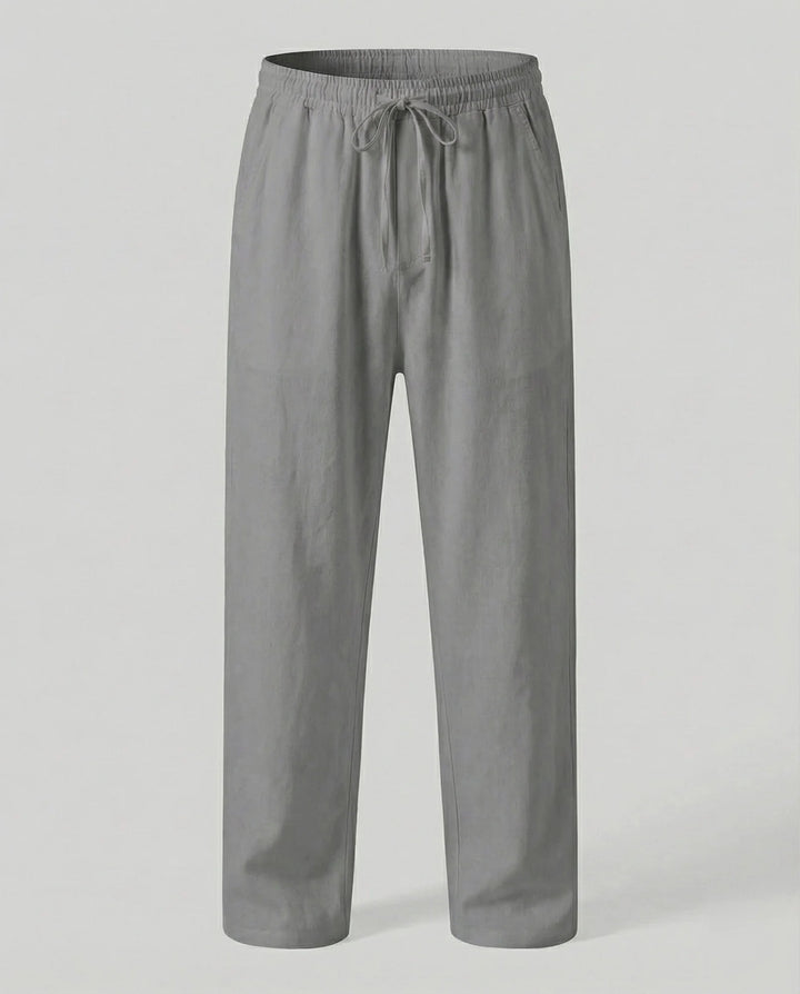 Gray Men's Linen Trousers with Drawstring Waist - Flat Lay