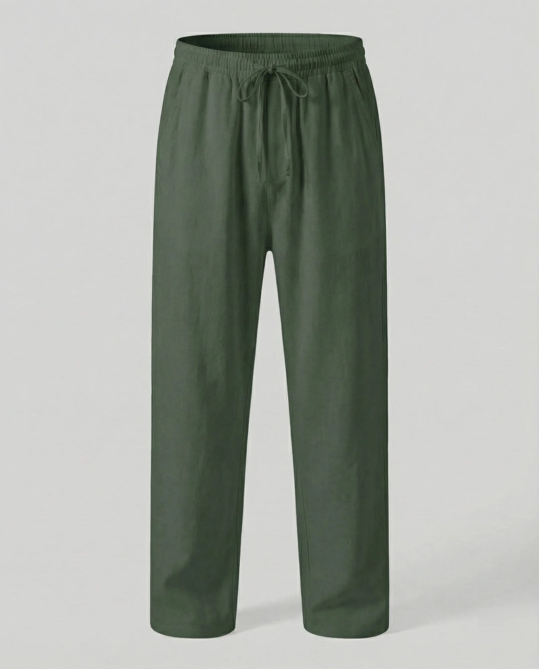 Green Men's Linen Trousers with Drawstring Waist - Flat Lay