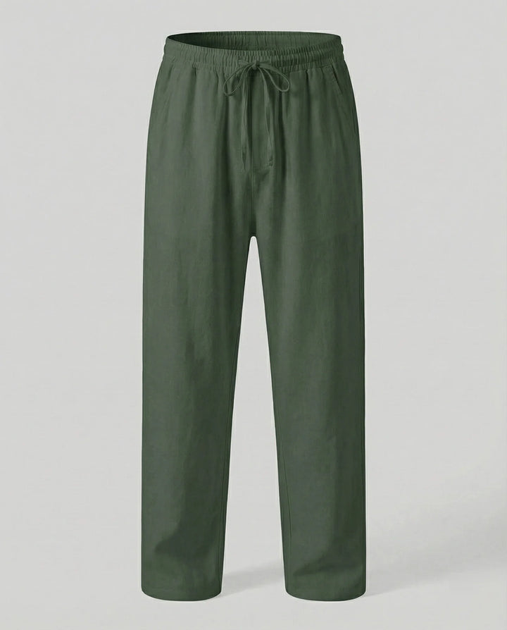 Green Men's Linen Trousers with Drawstring Waist - Flat Lay