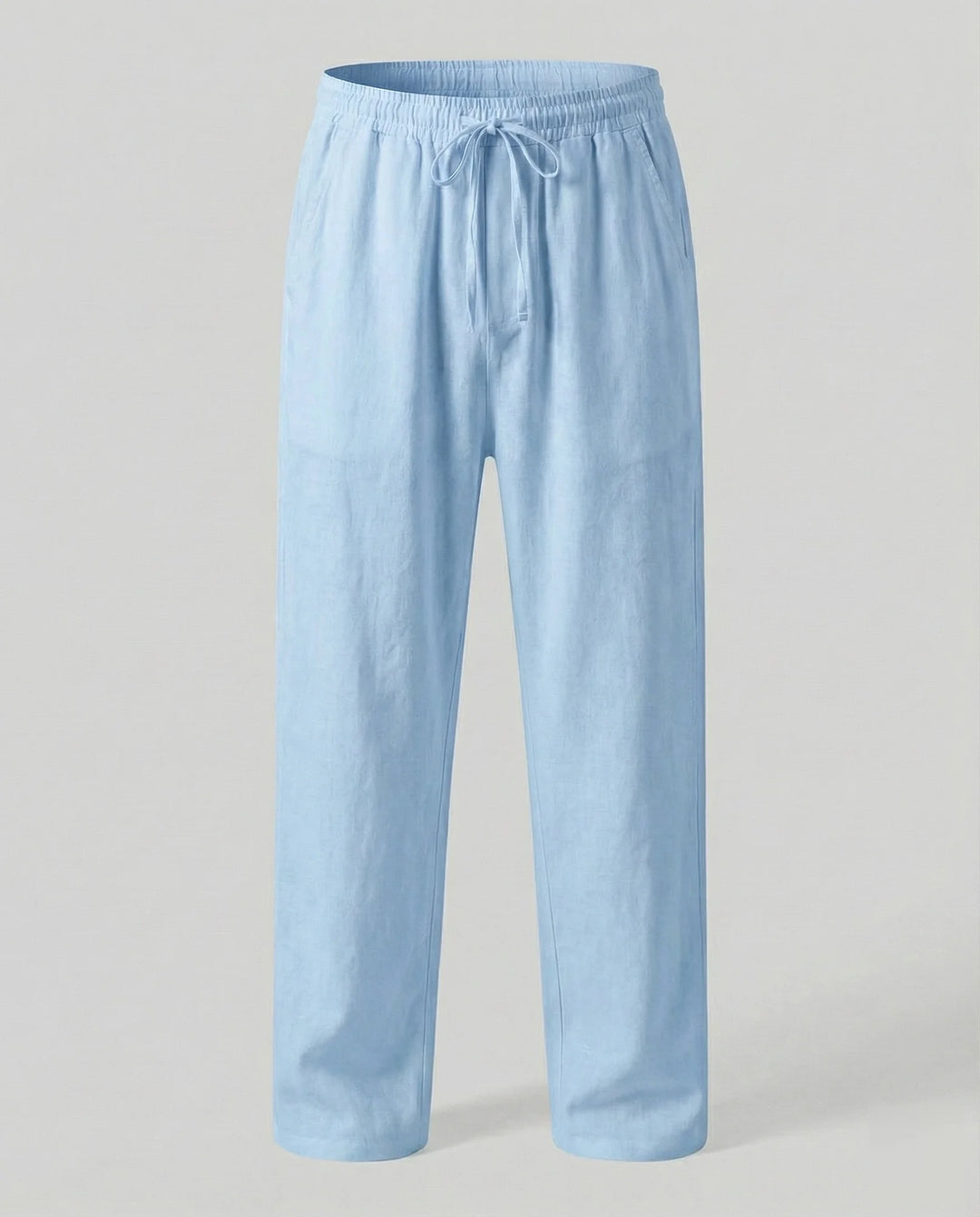 Light Blue Men's Linen Trousers with Drawstring Waist - Flat Lay