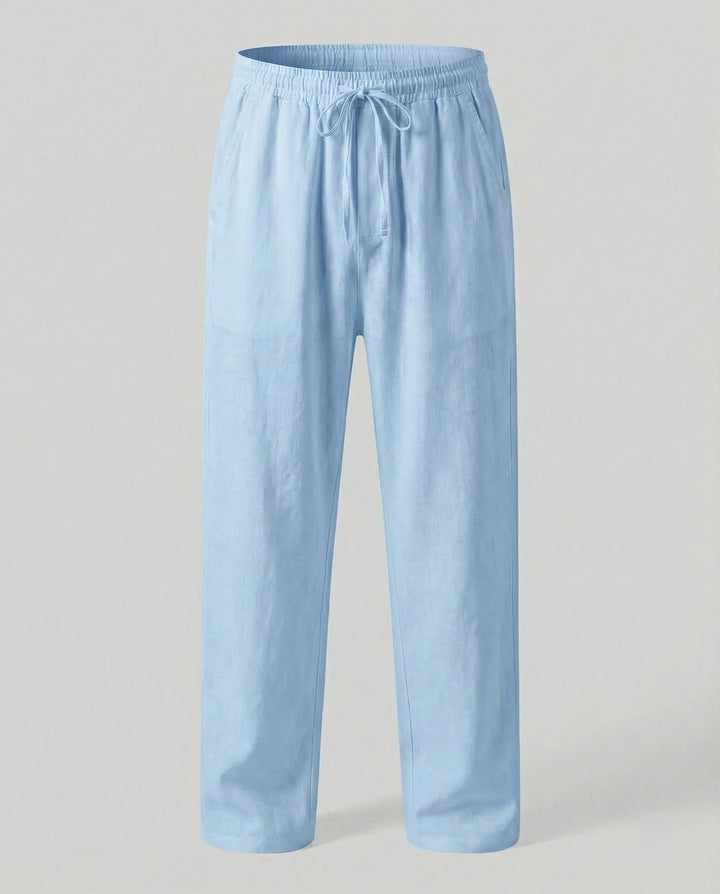 Light Blue Men's Linen Trousers with Drawstring Waist - Flat Lay