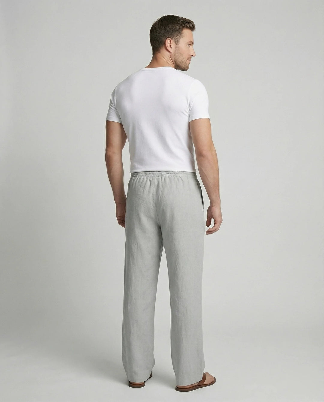 Light Gray Men's Linen Trousers with Drawstring Waist - Back Full