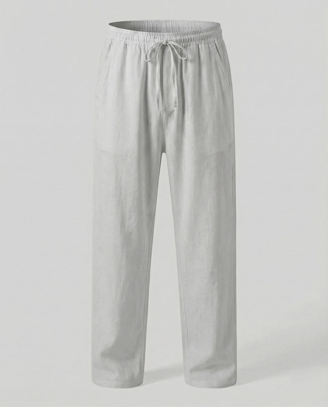 Light Gray Men's Linen Trousers with Drawstring Waist - Flat Lay