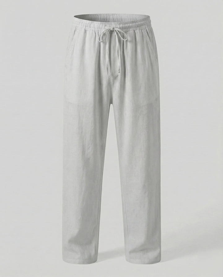 Light Gray Men's Linen Trousers with Drawstring Waist - Flat Lay