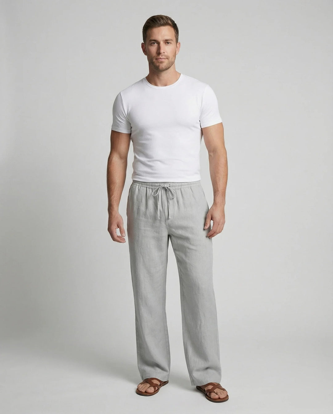 Light Gray Men's Linen Trousers with Drawstring Waist - Front Full