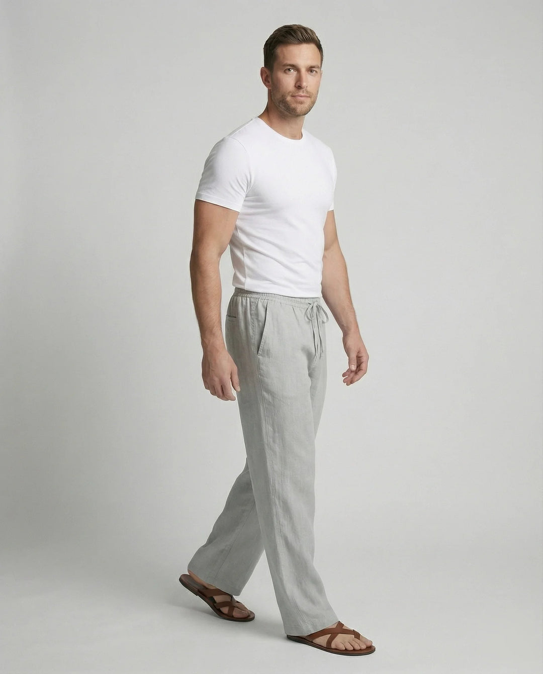 Light Gray Men's Linen Trousers with Drawstring Waist - Side Pose