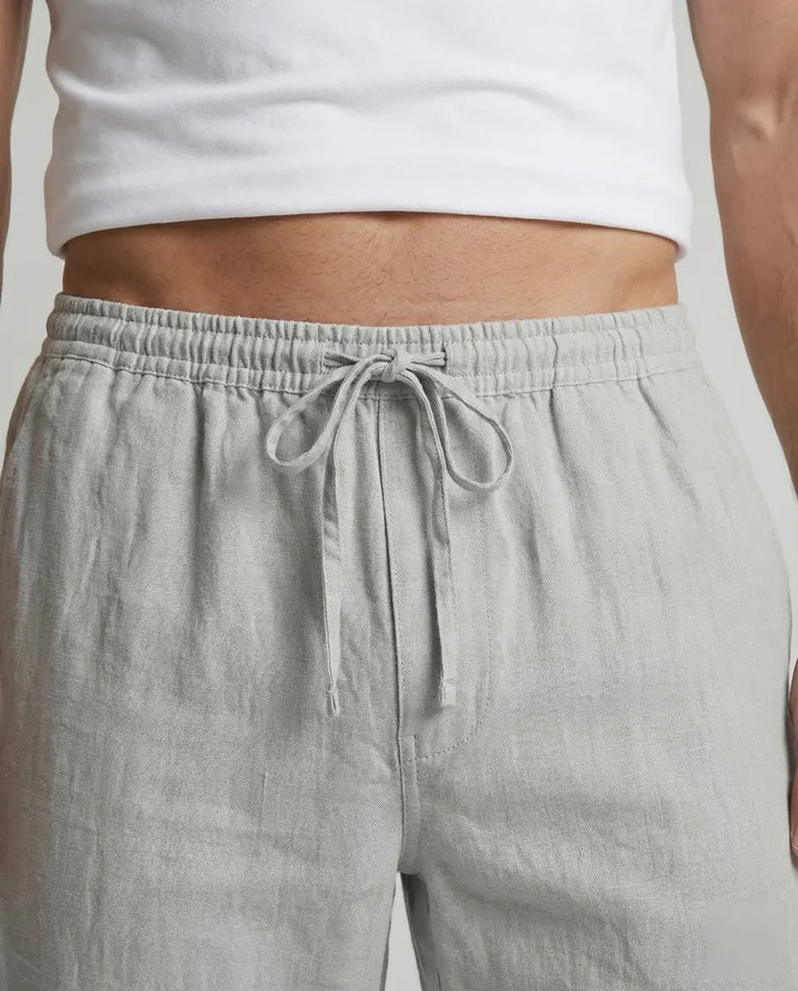 Light Gray Men's Linen Trousers with Drawstring Waist - Waist Detail