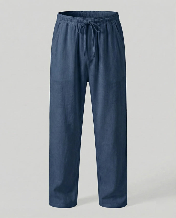Navy Blue Men's Linen Trousers with Drawstring Waist - Flat Lay
