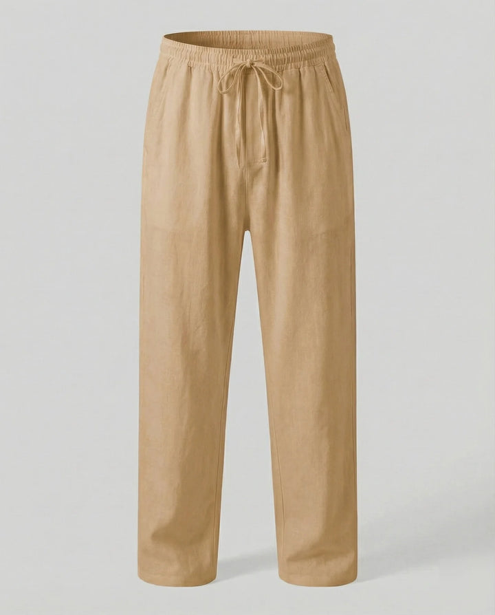 Tan Men's Linen Trousers with Drawstring Waist - Flat Lay